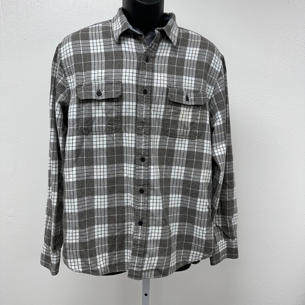 Lucky Brand Classic Fit Light Flannel Long Sleeve Button Gray/White Shirt Large